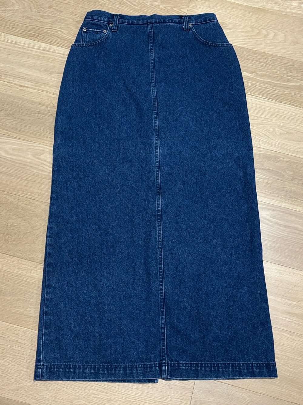 Vintage Simon Chang (12) Dark Wash Denim Maxi Skirt Back Slit 100% Cotton - Picture 2 of 15